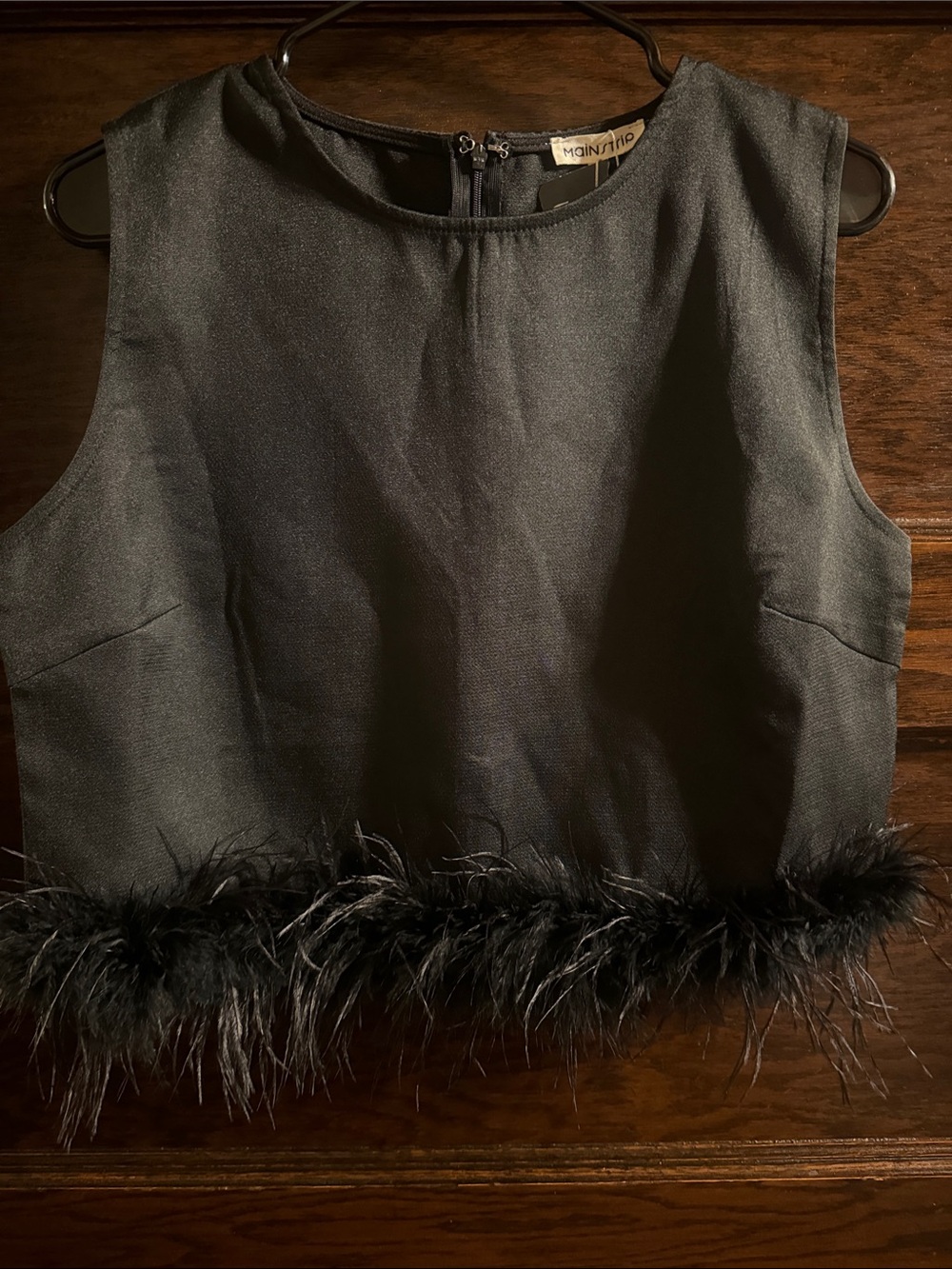 Main Strip Black Feather-Trim Tank, Size L